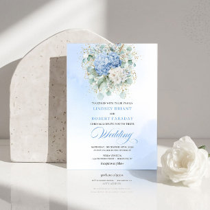 Invitation Mariage Bohème Fleurs Dorées Hydrangea Bleu Poudre