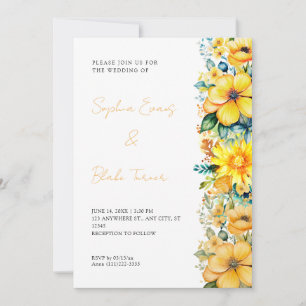 Invitation Mariage Bohème Fleurs Jaunes sur Fond Blanc