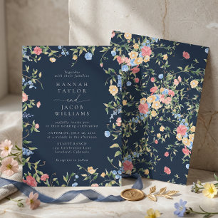 Invitation Mariage Bohème Fleurs Sauvages Bleu Nuit