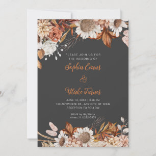 Invitation Mariage Bohème Gris Fleurs Marron Blanc Rustique