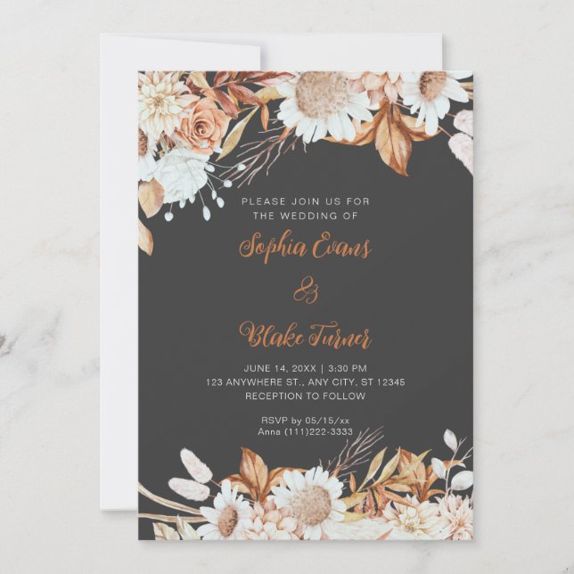 Invitation Mariage Bohème Gris Fleurs Marron Blanc Rustique (Devant)