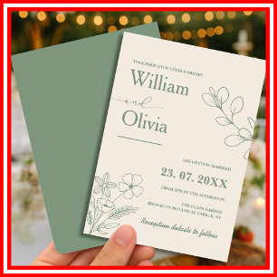 Invitation Mariage Bohème Minimaliste avec Feuillage Vert Sau