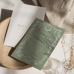 Invitation Mariage Bohème Monogramme de Jardin Vert Sauge Flo