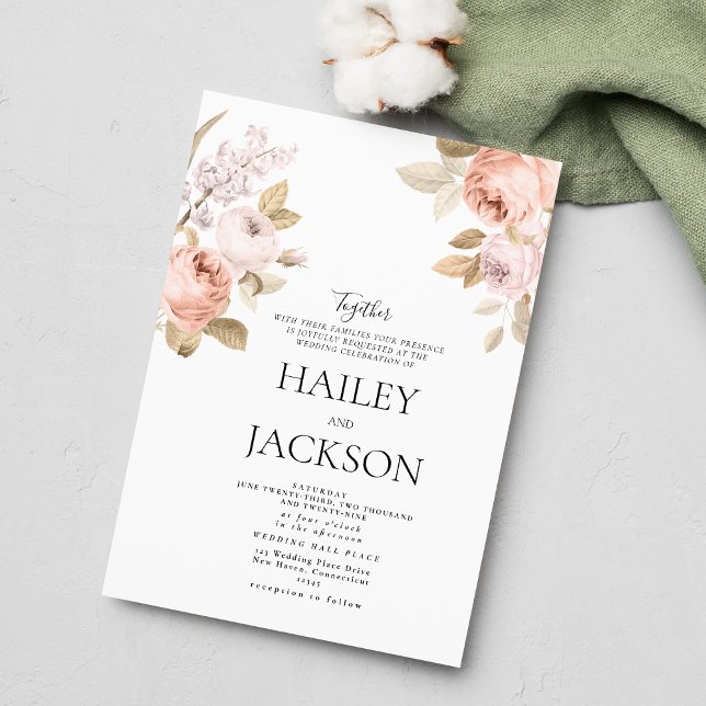 Invitation Mariage bohème neutre rose marron floral rustique  (Neutral boho pink brown rustic floral wedding)