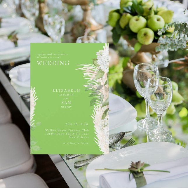 Invitation Mariage Bohème Pampas Hydrangea Blanc Vert Citron (Créateur téléchargé)