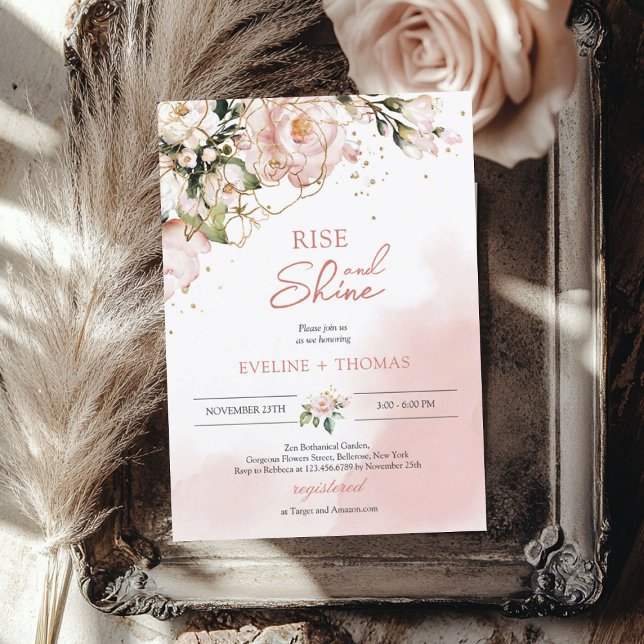 Invitation Mariage bohème rose blush floral or montée et enso (Boho blush pink floral gold rise and shine wedding invitation)