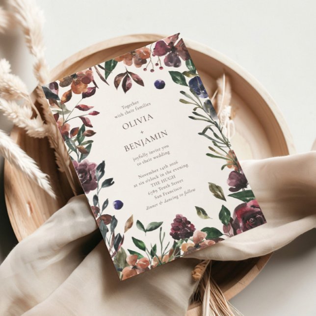 Invitation Mariage bohème rustique botanique bordeaux frontiè (Créateur téléchargé)