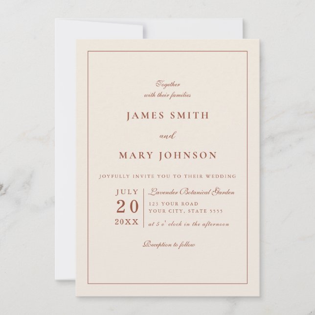 Invitation Mariage Bohème Terracotta Orange Brûlé Minimaliste (Devant)