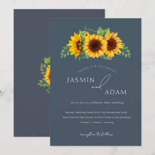 Invitation Mariage Bohème Tournesol Floral Ardoise Bleu