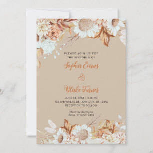 Invitation Mariage Bohème Vanille Marron Blanc Fleurs Rustiqu