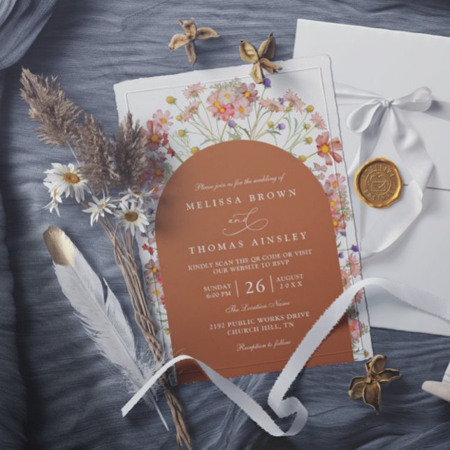 Invitation Mariage Boho Automne Fleur Sauvage Terracotta Code (Créateur téléchargé)