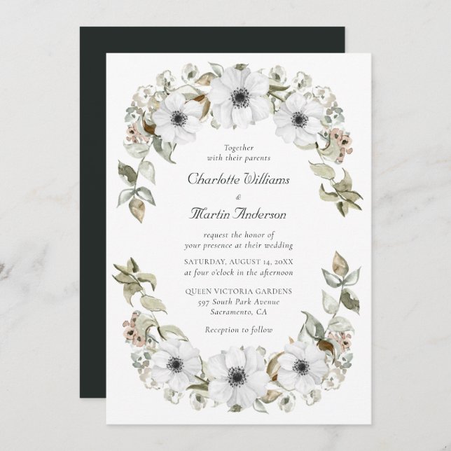 Invitation Mariage Boho blanc Anemone Wreath (Devant / Derrière)