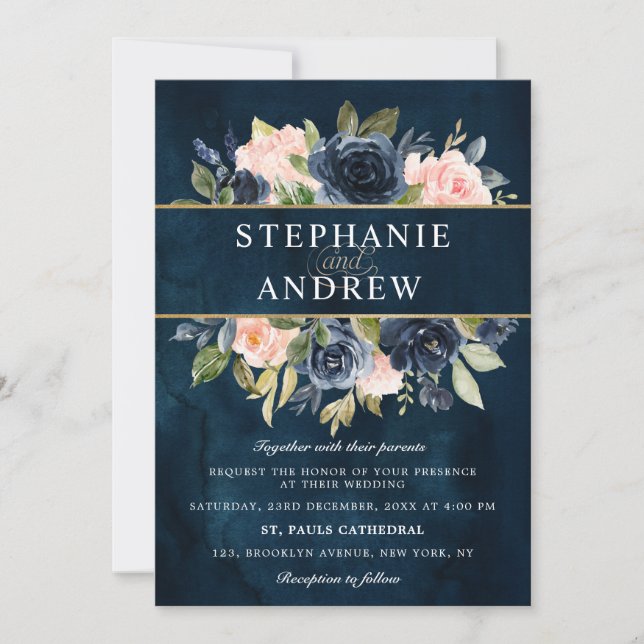 Invitation Mariage Boho bleu bleu bleu rose bleu marine (Devant)