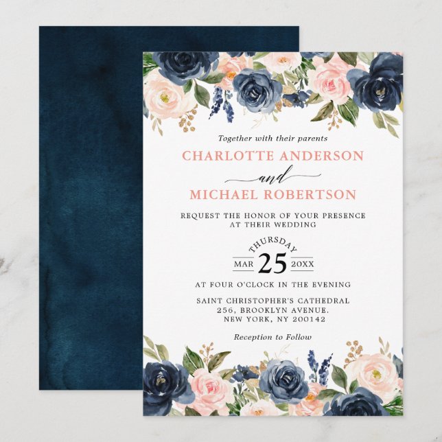 Invitation Mariage Boho bleu bleu bleu rose bleu marine (Devant / Derrière)