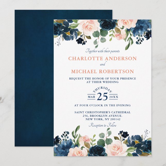 Invitation Mariage Boho bleu bleu bleu rose bleu marine (Devant / Derrière)
