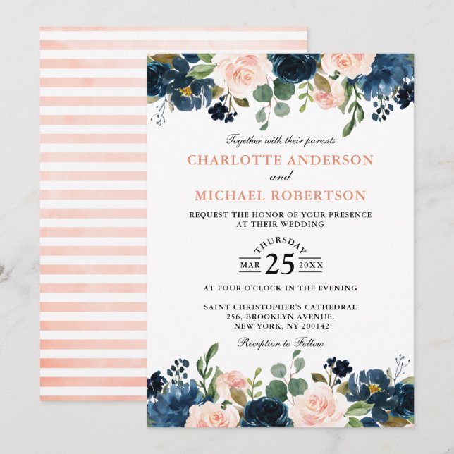 Invitation Mariage Boho bleu bleu bleu rose bleu marine (Devant / Derrière)
