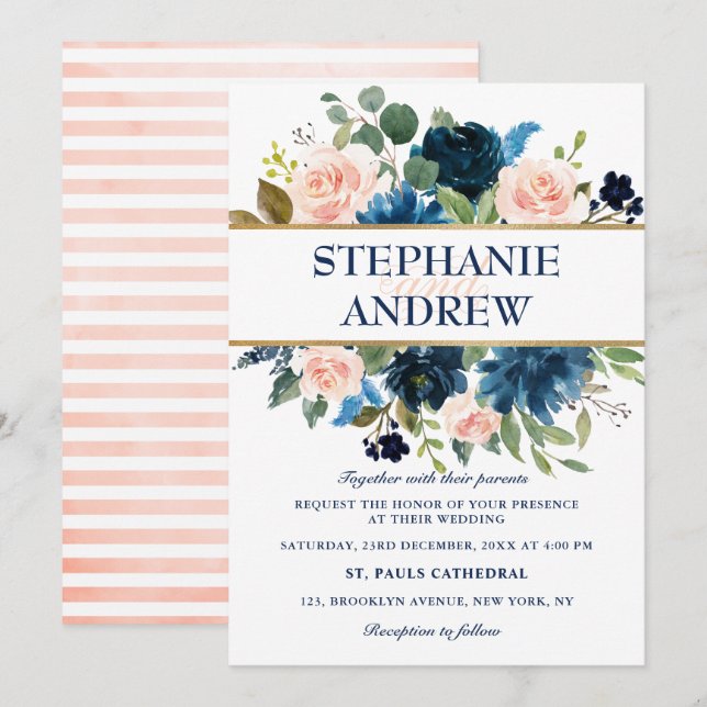 Invitation Mariage Boho bleu bleu bleu rose bleu marine (Devant / Derrière)