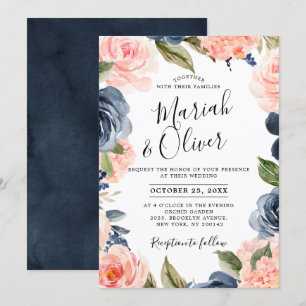 Invitation Mariage Boho bleu bleu bleu rose bleu marine