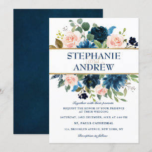 Invitation Mariage Boho bleu bleu bleu rose bleu marine