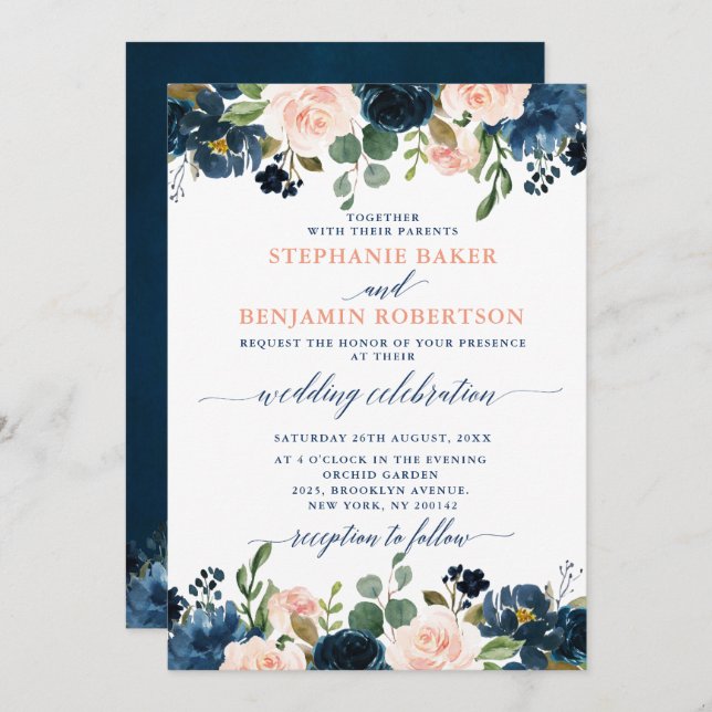 Invitation Mariage Boho bleu bleu bleu rose bleu marine (Devant / Derrière)