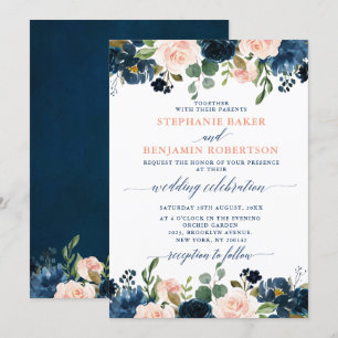 Invitation Mariage Boho bleu bleu bleu rose bleu marine