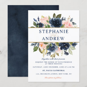 Invitation Mariage Boho bleu bleu bleu rose bleu marine