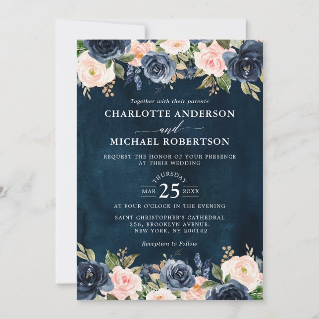 Invitation Mariage Boho bleu bleu bleu rose bleu marine (Devant)