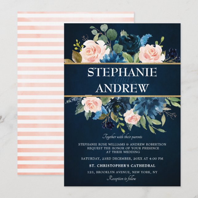 Invitation Mariage Boho bleu bleu bleu rose bleu marine (Devant / Derrière)