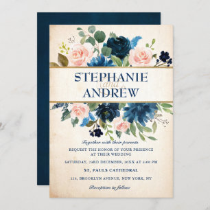 Invitation Mariage Boho bleu bleu bleu rose bleu marine