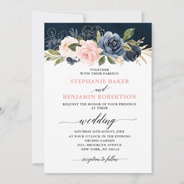 Invitation Mariage Boho bleu bleu bleu rose bleu marine (Devant)