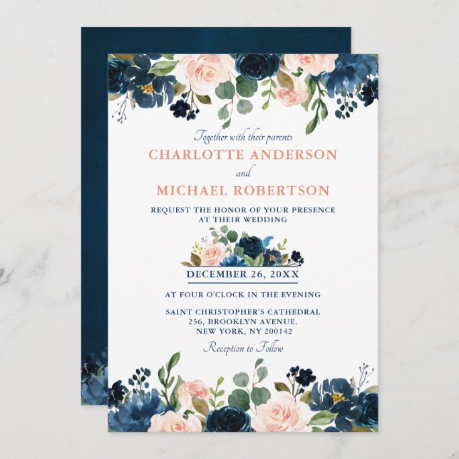 Invitation Mariage Boho bleu bleu bleu rose bleu marine (Devant / Derrière)