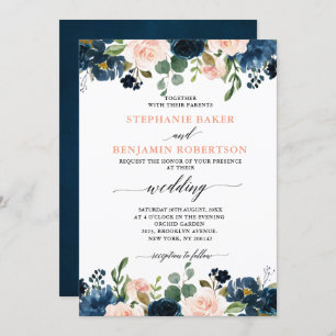 Invitation Mariage Boho bleu bleu bleu rose bleu marine