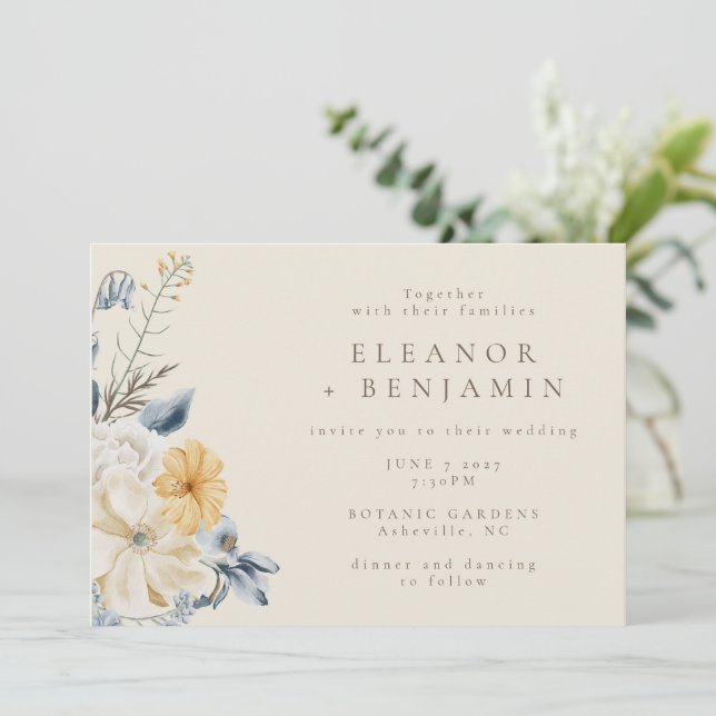 Invitation Mariage Boho bleu rustique jaune Floral (Debout devant)