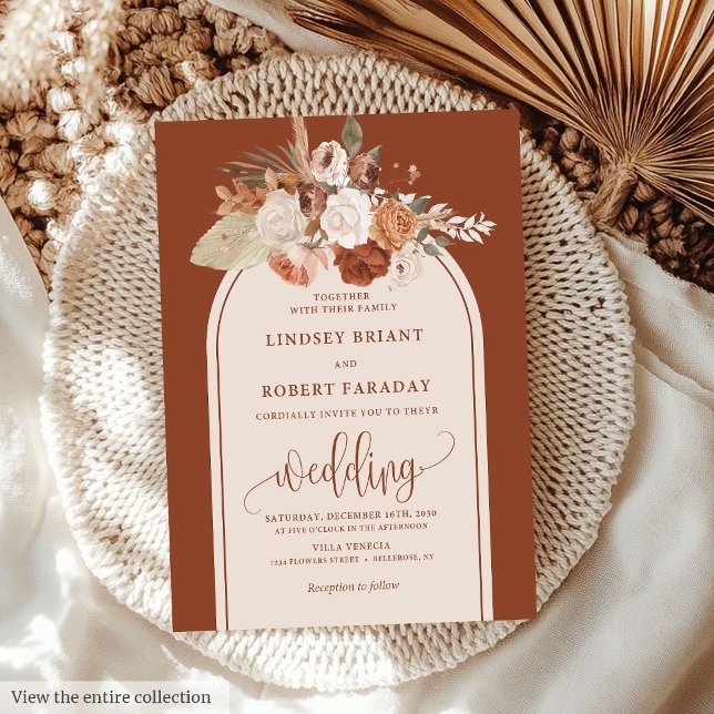 Invitation Mariage Boho en laiton en terre cuite sophistiqué  (Sophisticated Terracotta Pampas Grass Boho Wedding Invitation)