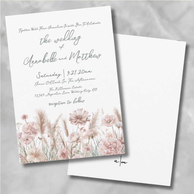Invitation Mariage Boho Fleur sauvage rose vif (Blush Pink Botanical Wildflowers Boho Wedding Invitation)