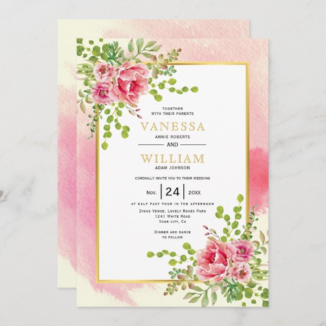 Invitation Mariage boho fleuri fleuri à l'aquarelle rose (Devant / Derrière)