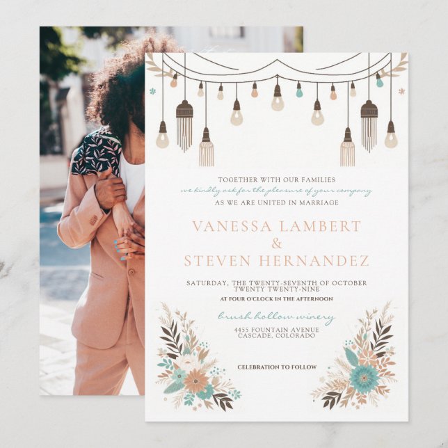 Invitation Mariage Boho Floral Lights (Devant / Derrière)