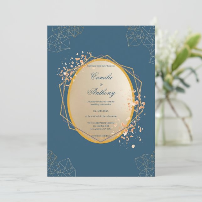 Invitation Mariage boho floral ovale Marine (Debout devant)