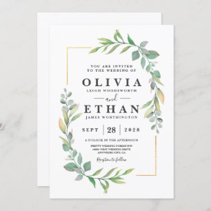 Invitation Mariage Boho Leaf, couleur or vert Elegant