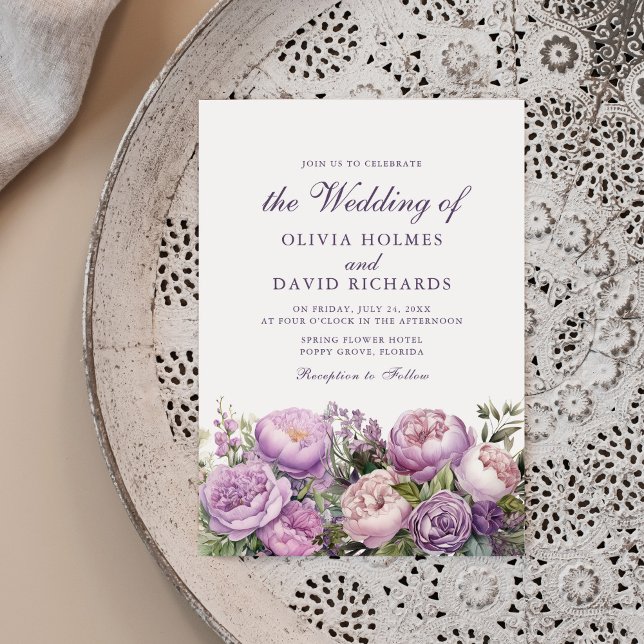Invitation Mariage Boho Lilac Peonies (Boho Lilac Peonies Wedding Invitation on a beautiful neutral boho plate.)