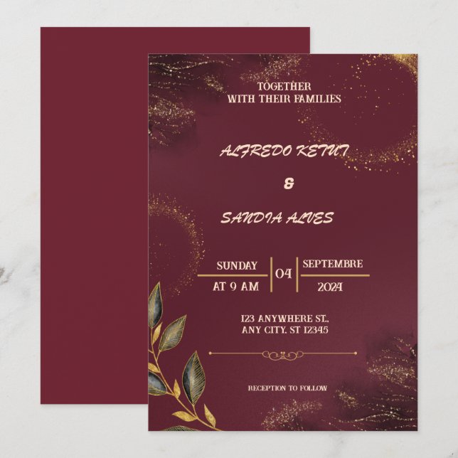 Invitation Mariage Boho moderne de la Bourgogne noire et de l (Devant / Derrière)