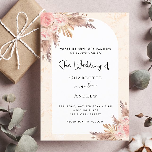 Invitation Mariage boho pampas herbe rose or luxe (Créateur téléchargé)