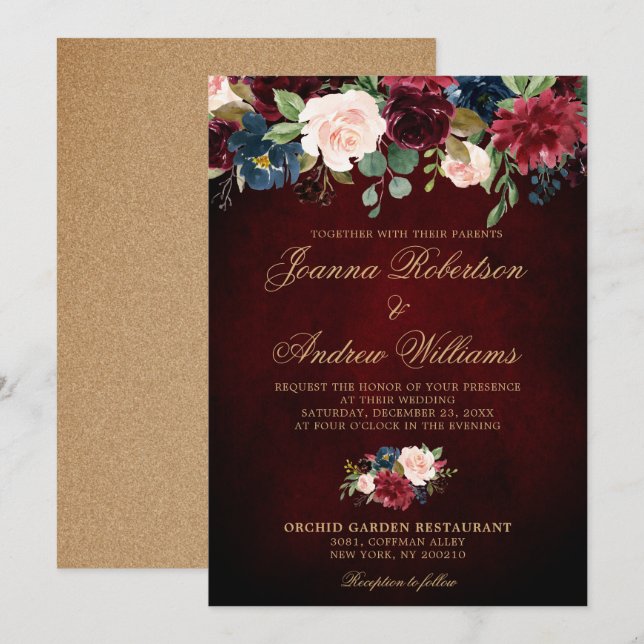 Invitation Mariage Boho Russe Floral de la Marine Rouge de Bo (Devant / Derrière)