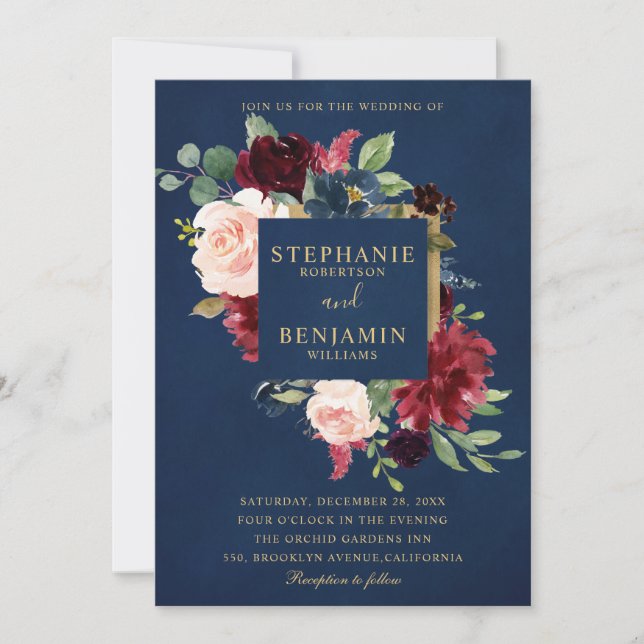 Invitation Mariage Boho Russe Floral de la Marine Rouge de Bo (Devant)