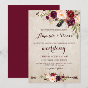 Invitation Mariage boho rustique rouge Bourgogne