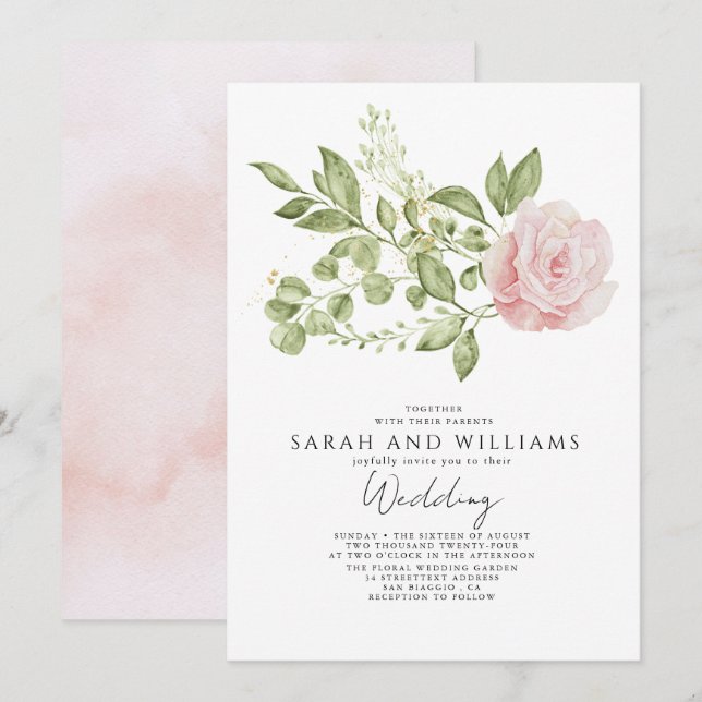 Invitation Mariage Boho vert clair rose Sage (Devant / Derrière)