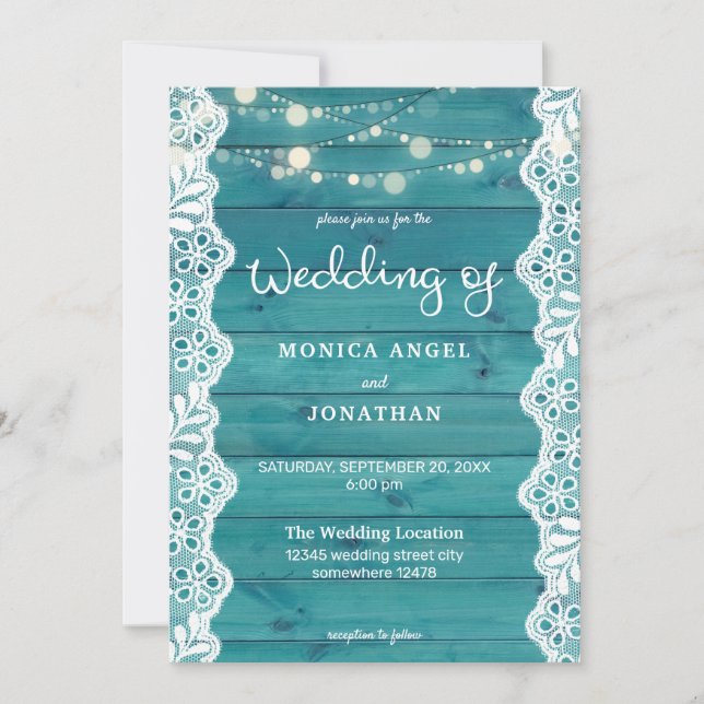 Invitation Mariage Bois Bleu & Dentelle & Guirlandes Lumineus (Devant)