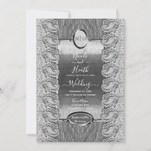 Invitation Mariage Bois Gris Dentelle Blanc Antique Argent