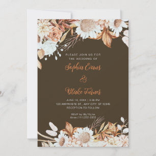 Invitation Mariage Bois Marron Blanc Fleurs Bohème