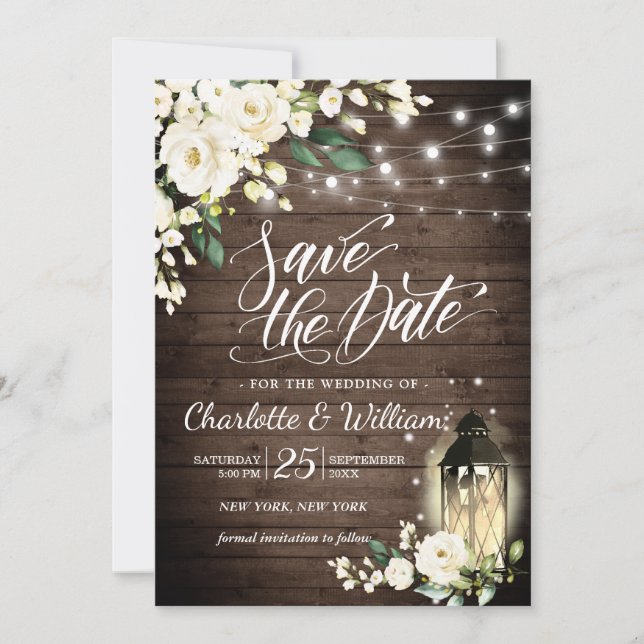 Invitation Mariage Bois & Roses Blanches & Lanterne Enregistr (Devant)